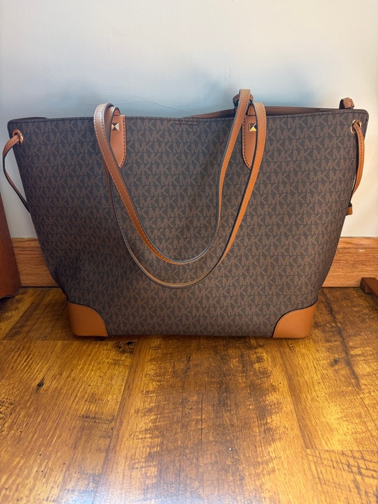 Michael Kors Dark Brown Signature Logo Tote with Tan Trim - Picture 2 of 3